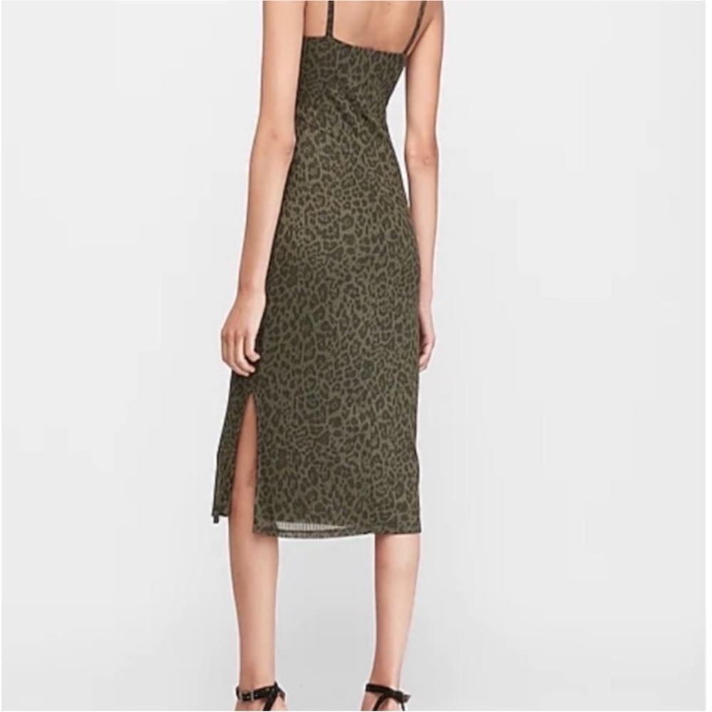 NWT Express olive green leopard print straight midi dress, L, lined.